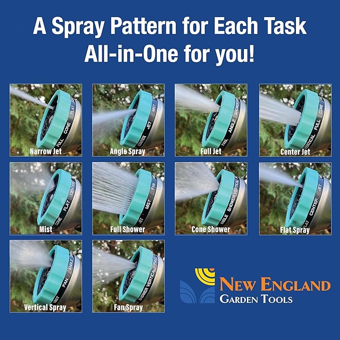 Heavy Duty Metal 10 Pattern Fireman’s Hose Nozzle 500003 with Lever Control and Comfort Grip by New England Garden Tools for Cleaning, Watering Plants & Yards, Washing Cars & Livestock