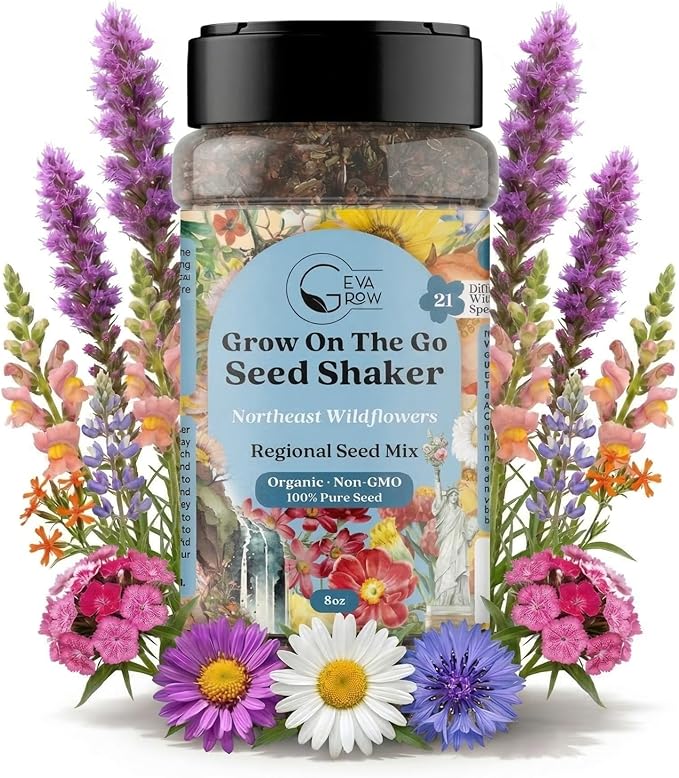 on the Go Regional Wildflower Seed Shaker - Northeast USA Wildflowers - 100% Pure Seed - Organic, Non-GMO - 21 Wildflower Variety Seeds of Annual & Perennial, 8oz