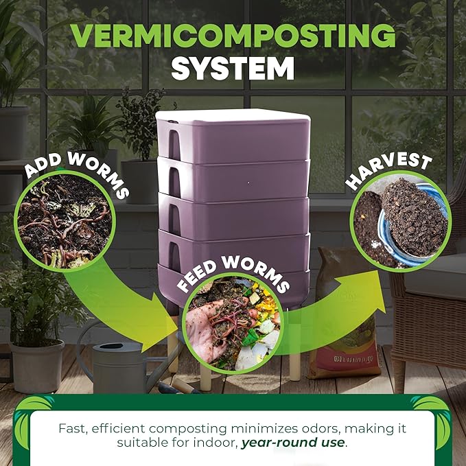 FCMP Outdoor - The Essential Living Composter, 4-Tray Worm Vermicomposter Bin, Plum