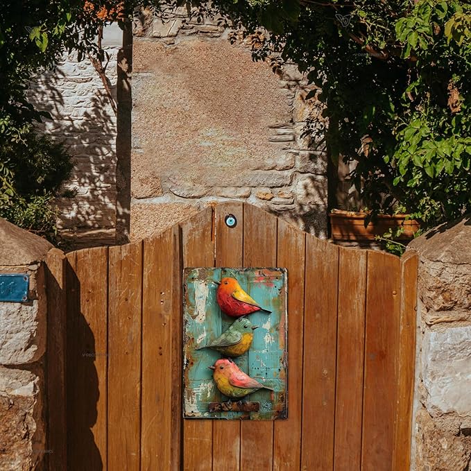 Vintage Cute Birds Metal Sign Retro Bird Tin Plate Wall Decor Rustic Tin Painting for Home Bedrooms Yard Bars Pubs Gardens Patios Porches 8x12 Inch