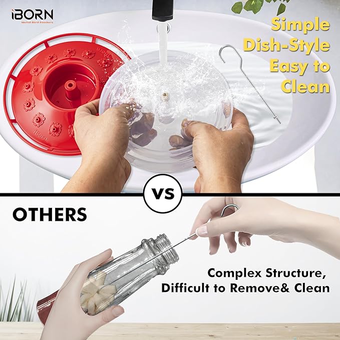 iBorn Hummingbird Feeders for Outdoors Hanging,Bee Proof Hummingbird Feeder with 14 Feeding Ports,13 OZ Saucer Humming Bird Feeders with Ant Moat,Ant Proof No Leak,Easy to Clean and Refill,Red,1 Pack