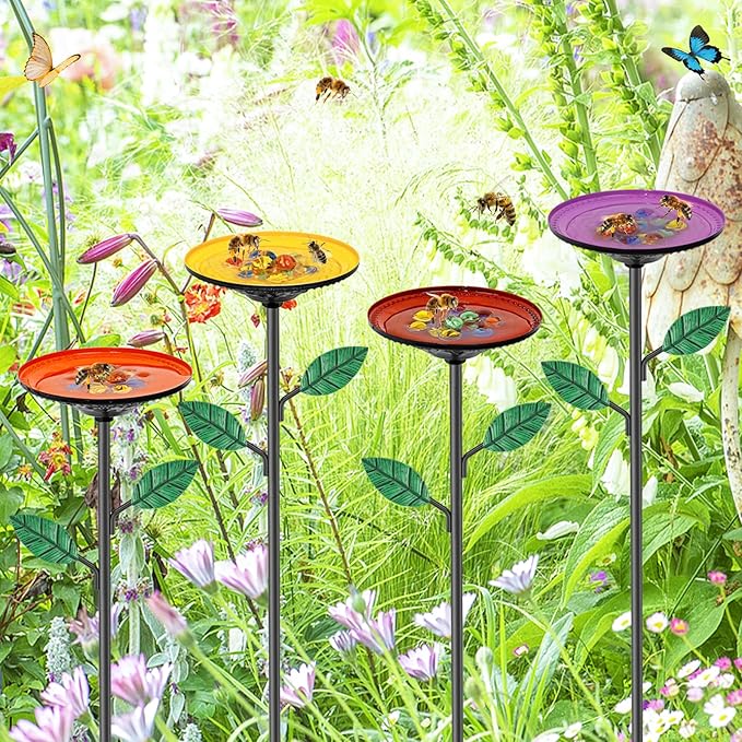 4 Pack Bee Watering Stations, Bee Feeders for Garden with 40PCS Glass Marbles,Colorful Bee Butterfly Bath Bowl Waterer, Metal Bee Water Feeder for Outdoor Yard Courtyard Decor (4Pcs-A)