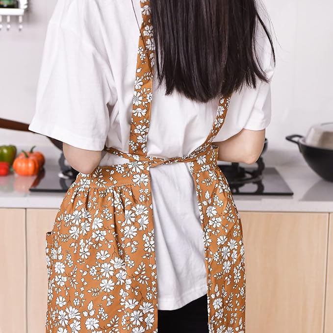 Vintage Pinafore Apron Dress for Women with Pockets Cute Floral Chef Aprons for Kitchen Cooking Baking Gardening