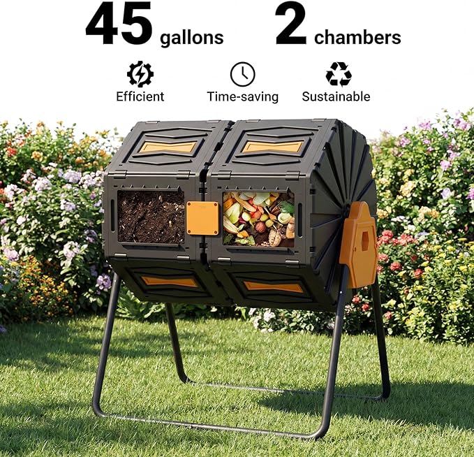Dual Chamber Compost Tumbler, 45 Gallon Large Capacity 360° Rotating Composting Bin, BPA-Free Heavy Duty Composter with Easy Assembly, 38" Height Compost Bin Outdoor for Food Scraps Garden Yard Waste