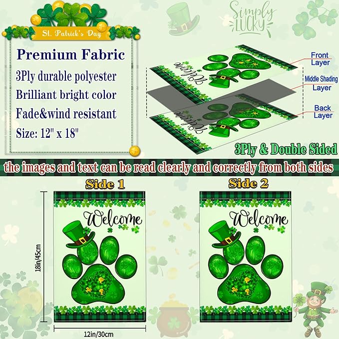 Welcome St Patricks Day Garden Flag Shamrock Irish Dog Paw Garden Flag Happy St Patrick's Day Yard Garden Flags for Outside 12×18 Inch Double Sided Outdoor House Holiday Decorations