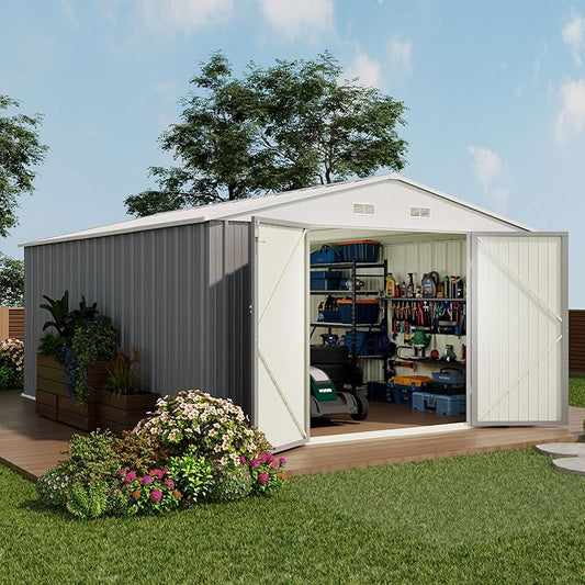 Devoko 10x14 FT Outdoor Storage Shed, Large Metal Storage Sheds with Lockable Door, Utility Garden Tool Shed with Sloping Roof, Outside Steel Storage Sheds for Patio Lawn Backyard, Gray