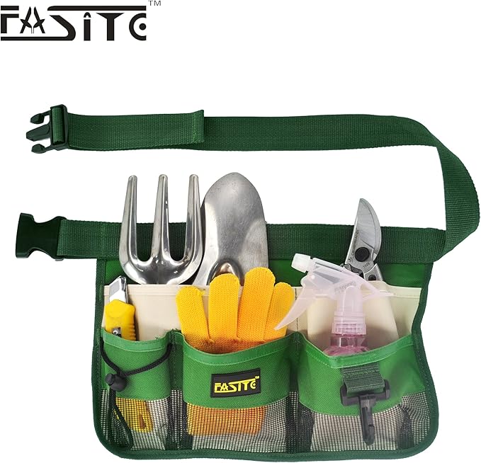 FASITE Gardening Tool Waist Bag Belt, Waterproof Garden Tool Apron with 7-Pocket Hanging Pouch for Men&Women, Adjustable, Green