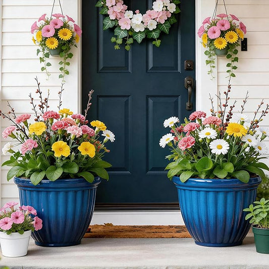 15" Large Flower Pots, Set of 2 Plastic Planters for Outdoor Indoor Plants with 3D Textures, Weather-Resistant for Porch, Garden, Patio or Indoor Use, Gradient Cobalt Blue