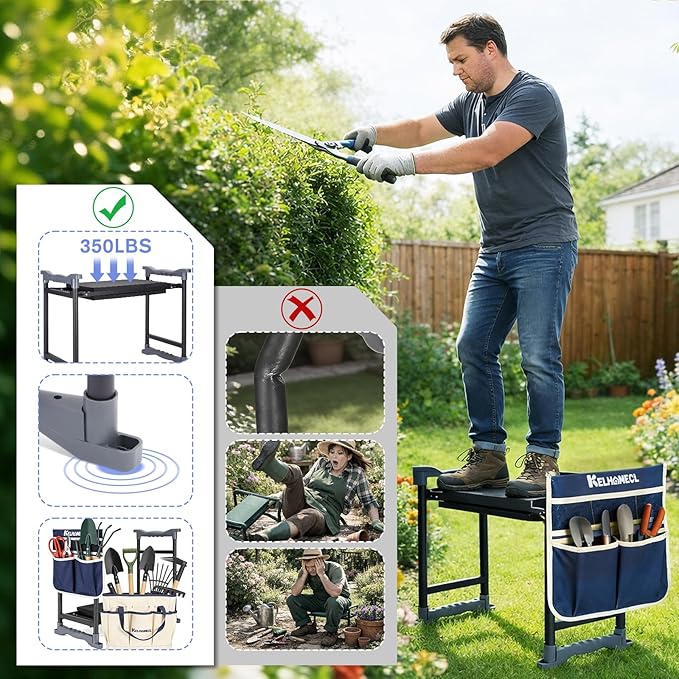 Garden Kneeler and Seat, Extra Wide Thick EVA Pad, Heavy Duty Foldable Garden Bench Holds 350lbs, Ergonomic Kneeling Stool with Garden Tool Pouches, Gardening Gifts for Women, Men & Seniors
