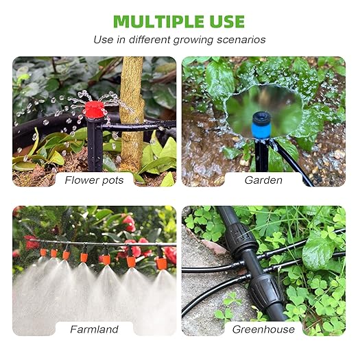 240FT Drip Irrigation System Kit for Garden, Watering System with Adjustable Nozzles, 1/2 & 1/4 inch Tubing Hose, DIY Automatic Mist Cooling for Outdoor Lawn, Patio, Greenhouse Flower Beds Lawn Grass
