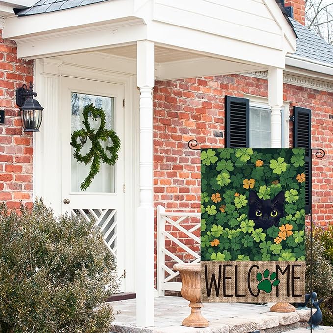 AVOIN colorlife St Patricks Day Garden Flag 12x18 Inch Double Sided Outside, Black Cat Welcome Shamrocks Holiday Yard Outdoor Flag