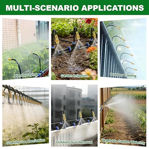 Drip Irrigation System 100FT, 1/4 inch Hose Garden Irrigation Kit with 30pcs 360° Adjustable Copper Nozzles, Upgrade Atomizing Watering System for Yard, Plants, Lawn, Greenhouses Accessories
