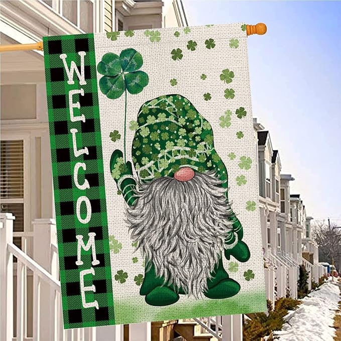 St Patricks Day House Flag Green Gnome Shamrocks Vertical Double Sided Burlap Flag Welcome St.Patrick's Day Holiday Yard Outdoor Decor 28 x 40 Inch