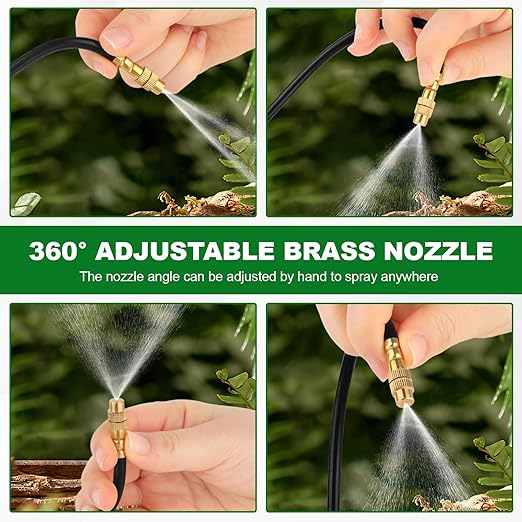 Drip Irrigation System 50FT, 1/4 inch Hose Garden Irrigation Kit with 15pcs 360° Adjustable Copper Nozzles, Upgrade Atomizing Watering System for Yard, Plants, Lawn, Greenhouses Accessories