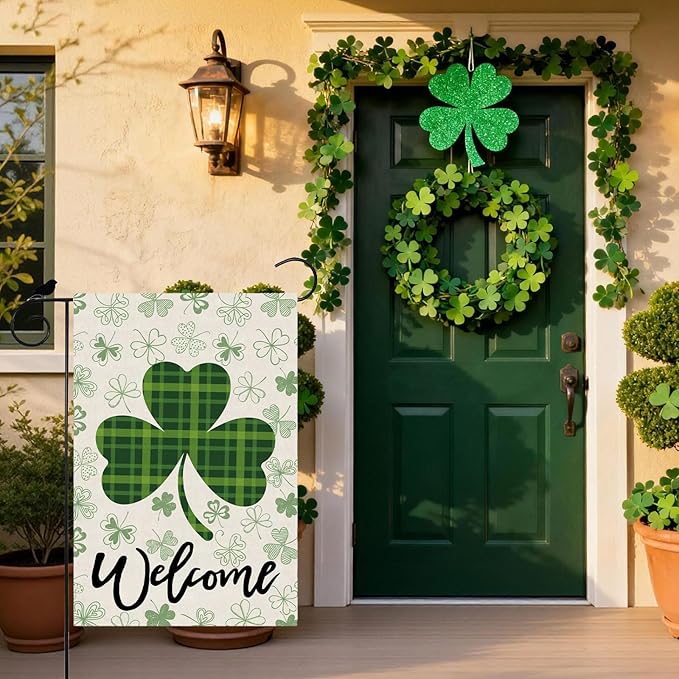 Welcome St. Patrick's Day Green Plaid Shamrocks Clovers Garden Flag Yard Flag 12x18 Inch Double Sided Small Mini Yard Outdoor Outside Holiday Decoration