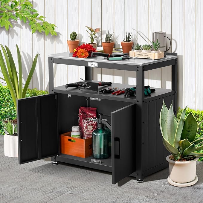 Garden Potting Bench with Storage, Outdoor Potting Table & Garden Work Bench for Plants, Horticulture, Outdoor Potting Station with Stainless Steel Tabletop, Outdoor Work Table