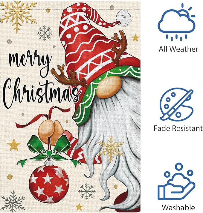 Heyfibro Merry Christmas Gnome Garden Flag 12x18 Double Sided Burlap, Christmas Ball Snowflake Garden Yard Flags for Winter Holiday Xmas Yard Outdoor Decoration(ONLY FLAG)