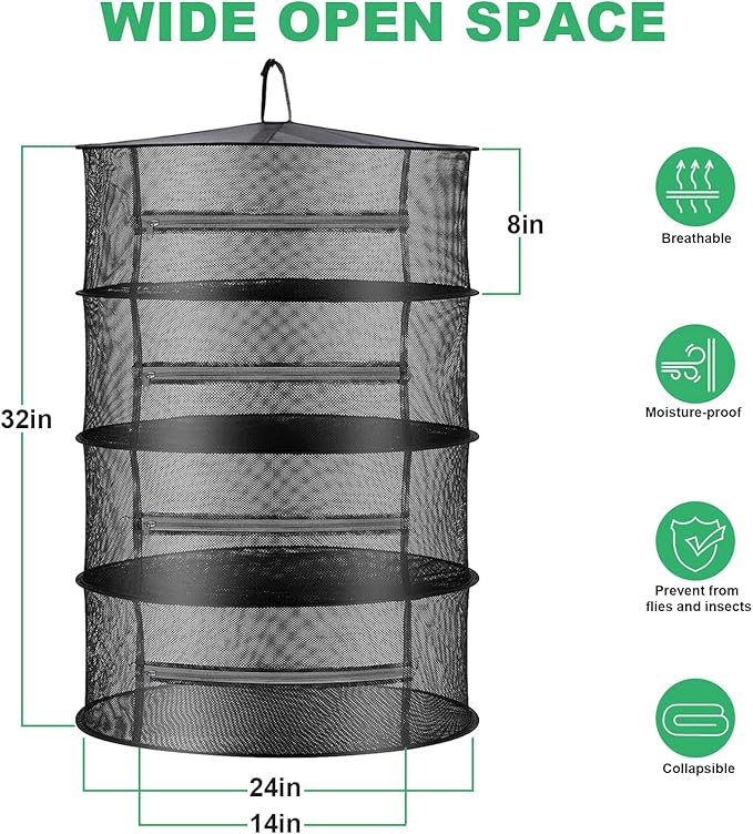 Herb Drying Rack Net Mesh with Black Zippers Hydroponics, Bonus Hook Scissor Drying Rack 2ft for Plant Bud Seed, Mesh Hanging Plant Dry, Herb Dry Net for Garden (4 L, Black Zipper)