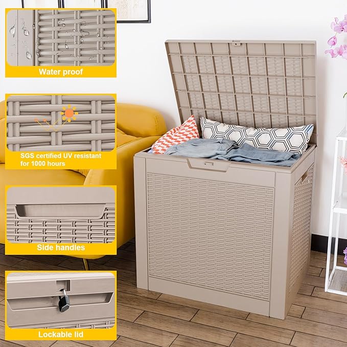 30 Gallon Resin Deck Box, Lockable Patio Outdoor Storage Box for Furniture, Garden Tools and Tools Storage, Waterproof Outside Storage Boxes - Grey