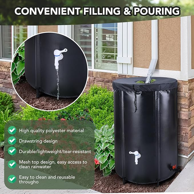 65 Gallon Collapsible Rain Barrel Water Tank - Portable Rainwater Collection System with Spigot Overflow Kit - Water Storage for Garden, Black