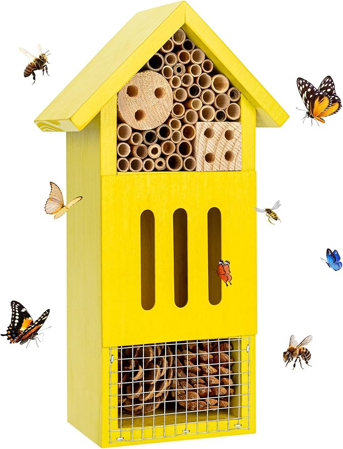 Bee House Bug Hotel & Butterfly House, Handcrafted Wooden Ladybug House, Natural Insect Habitat for Garden, Patio, or Yard, Durable Pine Wood, Attracts Pollinators, 10.4 x 5.5 x 3.2 Inches