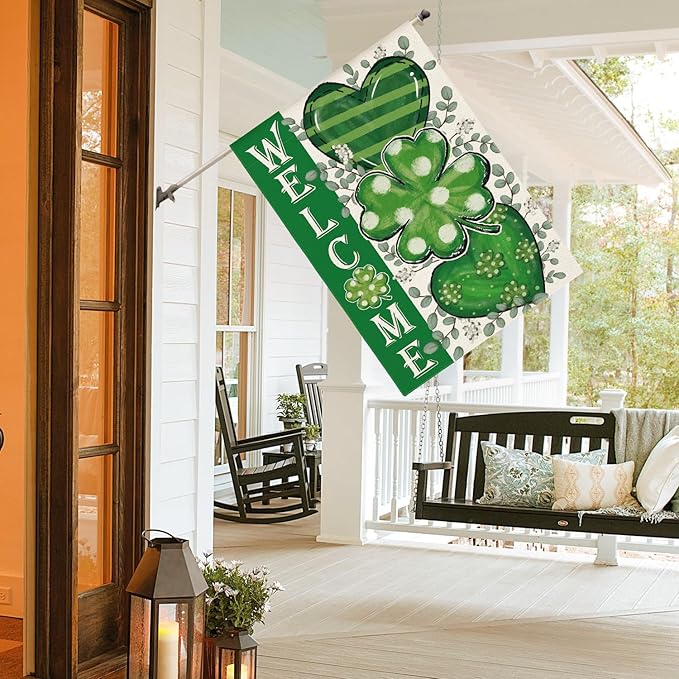 AVOIN colorlife St Patricks Day House Flag 28x40 Inch Double Sided Outside, Shamrocks Clovers Hearts Welcome Yard Outdoor Decoration