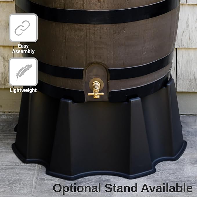 RTS Home Accents 50-Gallon Rain Barrel with Link Kit, Flat Back Rain Water Collection Barrel, Link Kit Included, Woodgrain with Black Stripes (2 Pack)