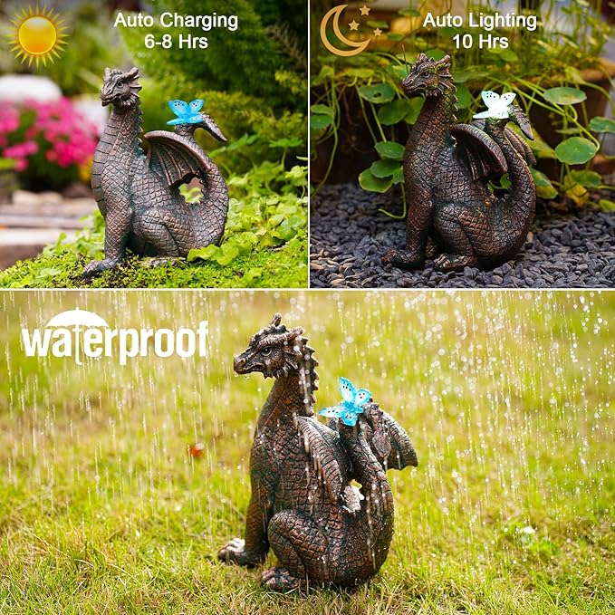 Nacome Solar Dragon Outdoor Statues for Garden: Outside Decor with Butterfly Clearance for Yard Art Lawn Ornaments Porch Patio Balcony Home House for Grandma Mom Women