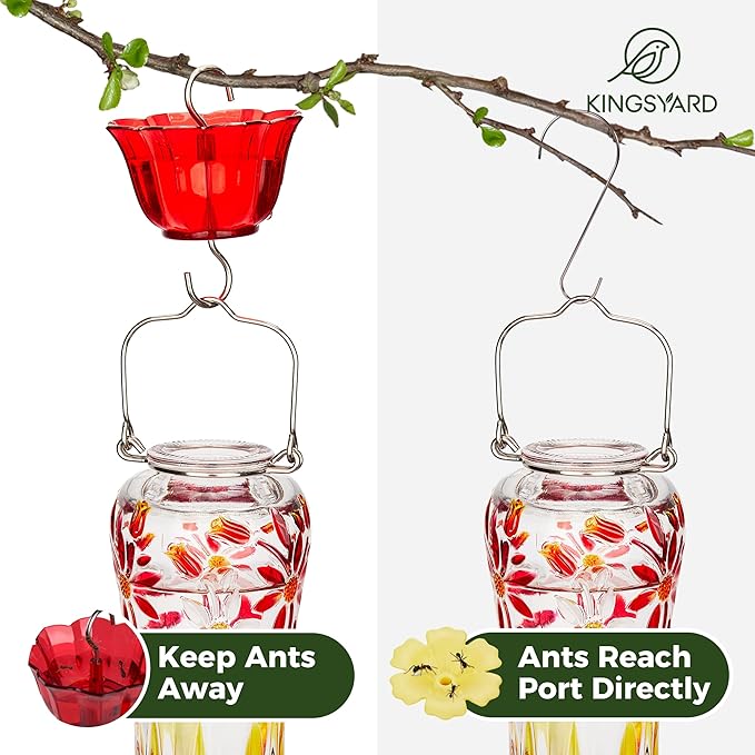 Kingsyard Glass Hummingbird Feeders for Outdoors Hanging, 25 oz Leak Proof Hummingbird Feeder with Ant Moat & 6 Bee Proof Feeding Ports, Red