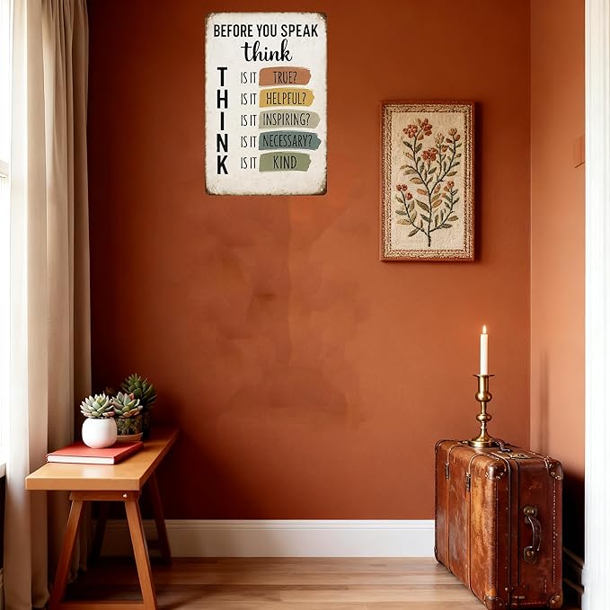 motivational wall decor for office-Before You Speak Think Metal Sign – Vintage Inspirational Quote Wall Decor for Classroom, Office, or Home – Motivational Gift for Teachers, Students, and Families (THINK-sign)