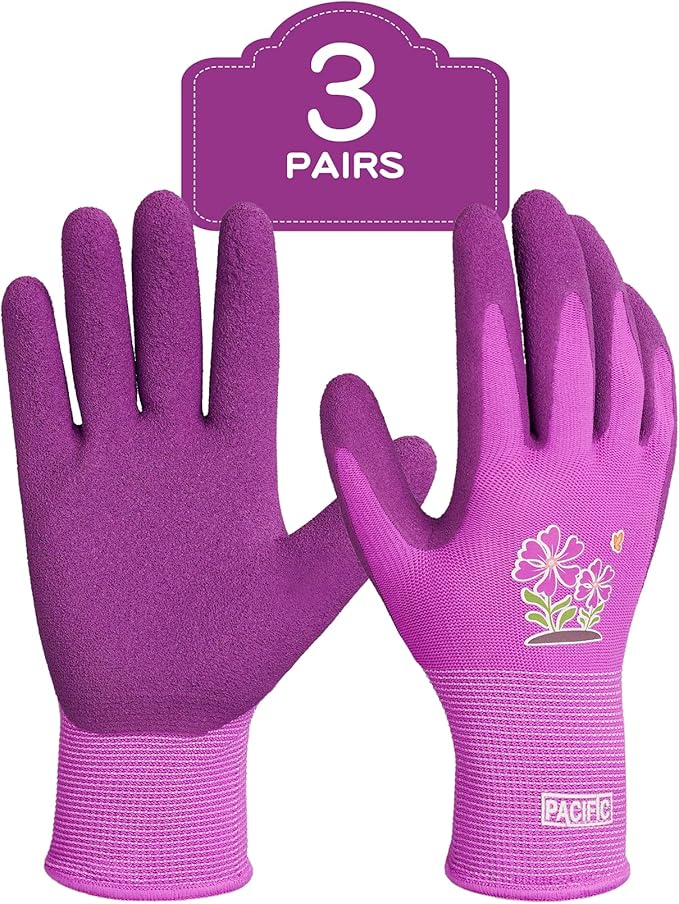 PACIFIC 3 Pairs Gardening Gloves for women, Rubber Coated Garden Gloves, Ladies Yard Work Gloves, Breathable, Purple, Medium