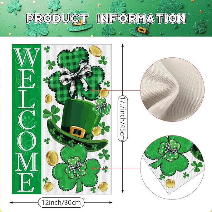 St Patrick's Day Garden Flag, 12x18 Inch Green Lucky Clovers Double Sided Flag for Courtyard Decoration, St Patrick's Day Welcome Outside Banner for Home Holiday Party Decoration