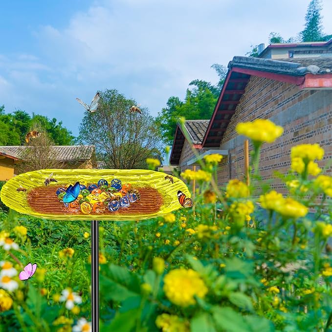 Bee Watering Station, Metal Butterfly Water Feeder with 30 Colorful Glass Marbles, Bee Waterer Feeder for Butterfly Bird Garden Outdoor Decors (Yellow Orange)