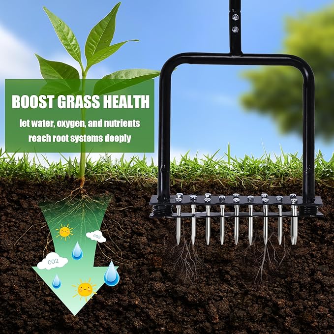 Manual Lawn Aerators with 14 Iron Spikes, Lawn Aerator Tool, Spring-Loaded Design Lawn Air Aerator Tool, Metal Manual Push Aerator, Lawn Tool for Loosening Soil Aerating Patio, Yard