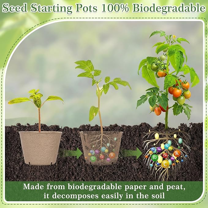 150 Pack Peat Pots for Seedlings 100 4-inch & 50 3.15-inch Round Biodegradable Seed Starter Pots with Drainage Holes for Garden Germination Nursery, Includes 150 Plant Labels & Planting Tools
