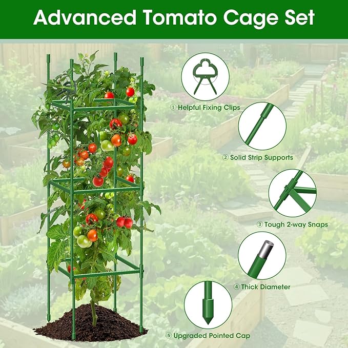 3 Pack Tomato Cages for Garden, Up to 55Inch Square Tomato Plant Cage, Upgraded Octagonal Connector, Heavy Duty Adjustable Tomato Stake Support for Garden Climbing Vegetables Flowers Fruits