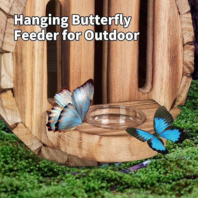 Butterfly House Butterfly Habitat Garden - Wooden Butterfies Houses with Feeder Hanging Garden Decoration Natural Nesting Box for Butterflies Bugs Moths & Lacewings