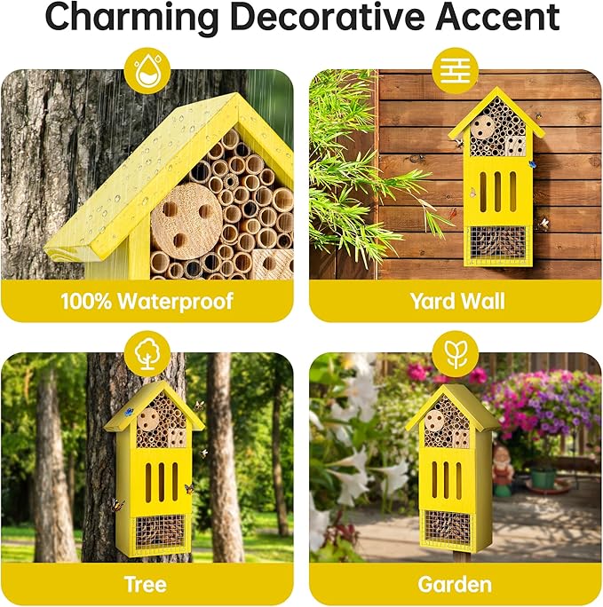 Bee House Bug Hotel & Butterfly House, Handcrafted Wooden Ladybug House, Natural Insect Habitat for Garden, Patio, or Yard, Durable Pine Wood, Attracts Pollinators, 10.4 x 5.5 x 3.2 Inches