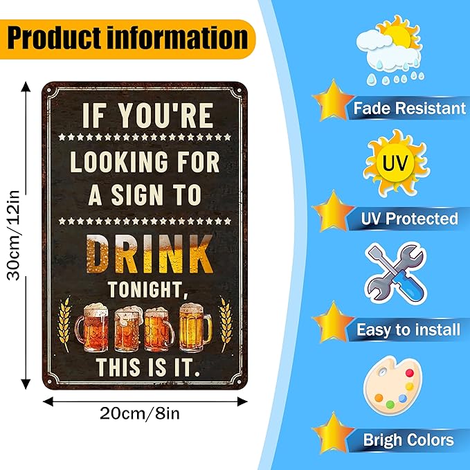 Funny Bar Signs If You're Looking for A Sign to Drink Tonight-Garage Gifts for Men,Funny Signs for Home Decor Bar Pub Club Garage Man Cave Decor 8 X 12 Inches