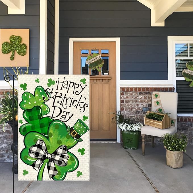 AVOIN colorlife Happy St Patricks Day Garden Flag 12x18 Inch Double Sided Outside, Lucky Shamrocks Clovers Holiday Yard Outdoor Flag