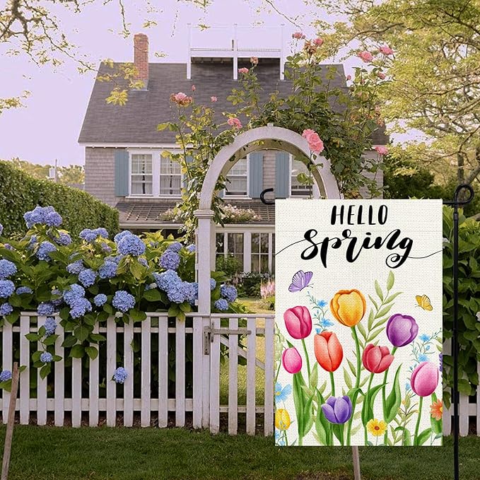 Hello Spring Garden Flag 12x18 Inch, Double Sided Colorful Tulips Flag, Seasonal Flower Yard Outdoor Decoration