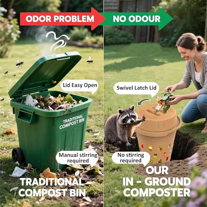 2-Pack InGround Compost Bin for Garden Beds, 8L Worm Composter Farm for Faster Composting, Worm Composter Kit with Aeration, Animal-Proof Lid for Beginners (9.5x9.5x10.8Inch) (2, Gold)