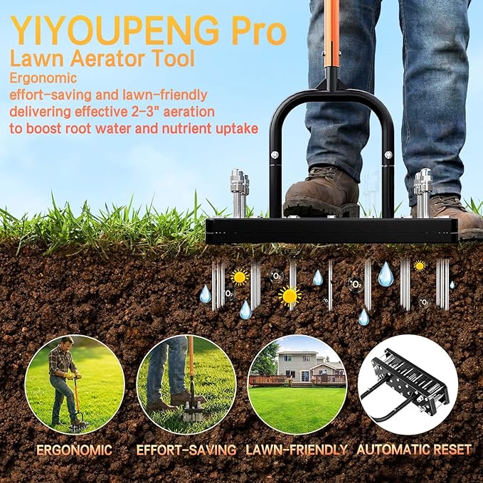 Manual Lawn Aerator Tool, Grass & Yard Aerator, Lightweight 7.7 lb with 21 × 3.5" Steel Spikes, Ergonomic Automatic Reset Design, Deep Soil Aeration for Healthier Lawns