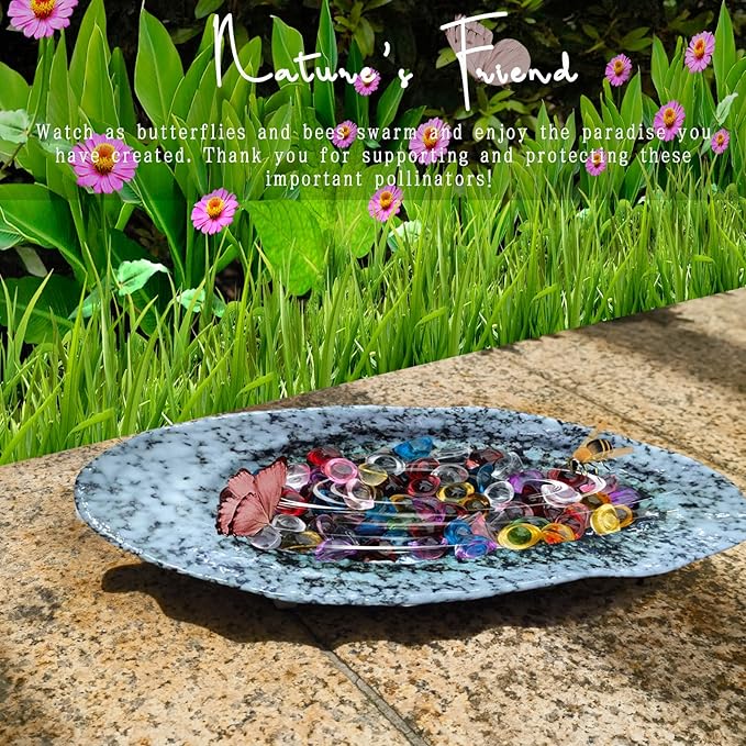 Butterfly Feeder - Outdoor Ceramic Butterfly Puddler and Bee Watering Station with Colored Glass Bead - Garden Decor for Feeding Butterflies and Bees