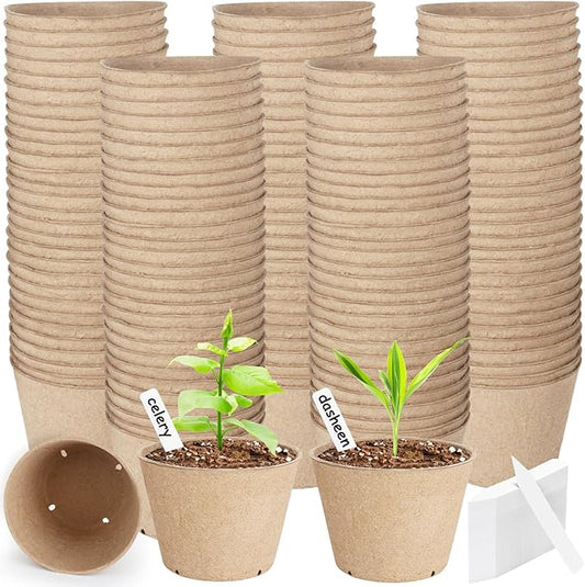 132 Pack Organic Peat Pots, 4 Inch Plant Starter Round Nursery Pot with Drainage Holes, Seedling Nursery Box, Seed Starting Tray, Bulk Garden Germination Paper Pulp Container with 132 Plant Labels