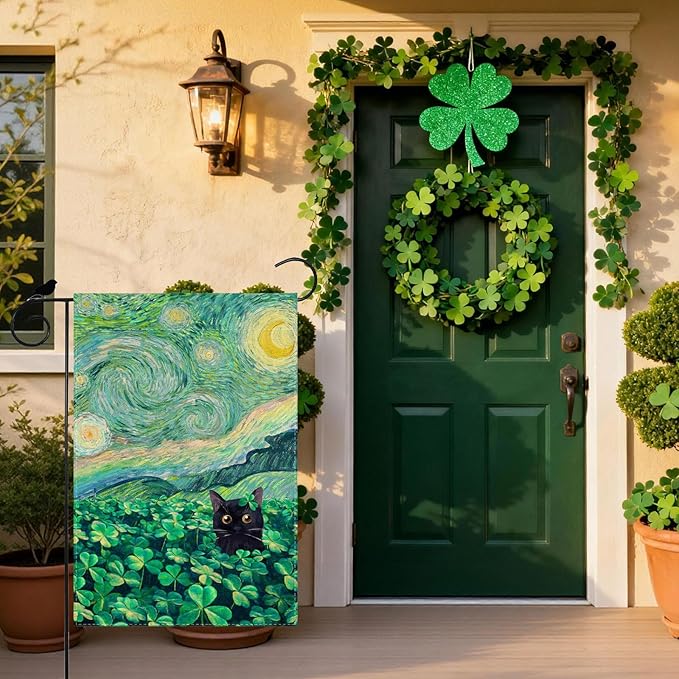 Shamrocks Clovers Cat Oil Painting Starry Night Sky Moon St. Patrick's Day Garden Flag 12x18 Inch Double Sided Small Mini Yard Flag Outdoor Outside Holiday Party Decoration