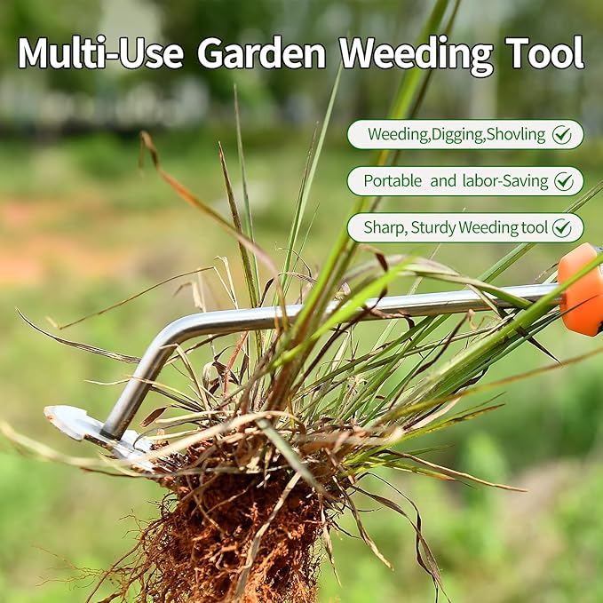 Weed Puller Tool，2024 New Garden Weeder Tool Stainless Steel Hand Weeder Tool,4 Teethes Dual Purpose Weed Remover Tool Weeding Tools for Gardening (Rubber Handle)