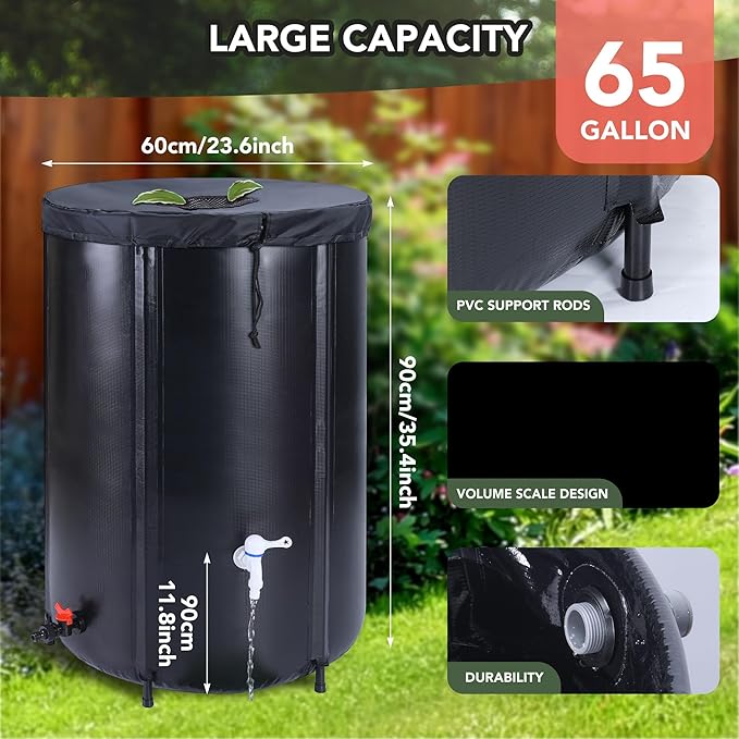 65 Gallon Collapsible Rain Barrel Water Tank - Portable Rainwater Collection System with Spigot Overflow Kit - Water Storage for Garden, Black