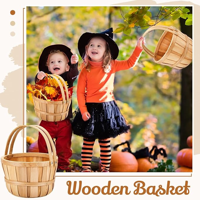 Marsui 6 Pcs Large Wooden Easter Gift Basket 11 x 6.5'' Wicker Apple Fruit Bushel Baskets with Handle for Garden Storage Organizing Farmers Personal or Commercial Use