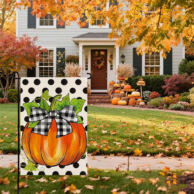 Hello Fall Pumpkin Garden Flag 12x18 Inch, Double Sided Autumn Thanksgiving Holiday Burlap Yard Flag for Outdoor Decoration
